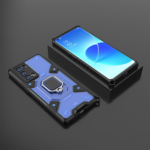 Silicone Matte Finish and Plastic Back Cover Case with Magnetic Finger Ring Stand S07 for Oppo Reno6 Pro+ Plus 5G Blue