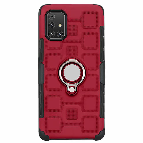 Silicone Matte Finish and Plastic Back Cover Case with Magnetic Finger Ring Stand S07 for Samsung Galaxy A71 5G Red