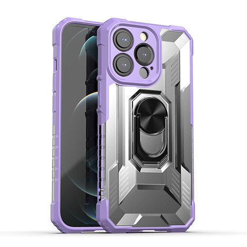 Silicone Matte Finish and Plastic Back Cover Case with Magnetic Finger Ring Stand S08 for Apple iPhone 13 Pro Max Purple