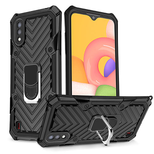 Silicone Matte Finish and Plastic Back Cover Case with Magnetic Finger Ring Stand S08 for Samsung Galaxy A01 SM-A015 Black