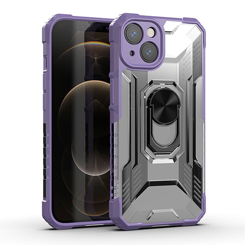 Silicone Matte Finish and Plastic Back Cover Case with Magnetic Finger Ring Stand S09 for Apple iPhone 14 Plus Purple