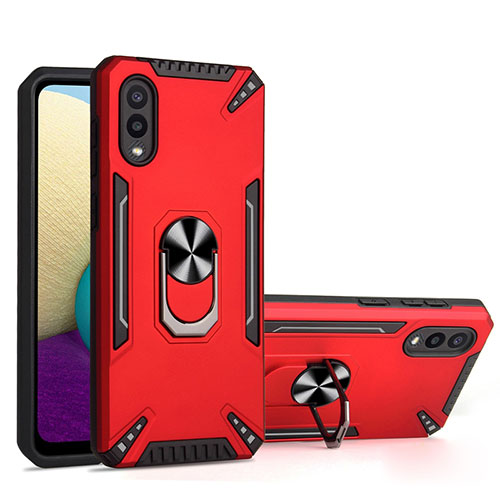Silicone Matte Finish and Plastic Back Cover Case with Magnetic Finger Ring Stand T01 for Samsung Galaxy A02 Red