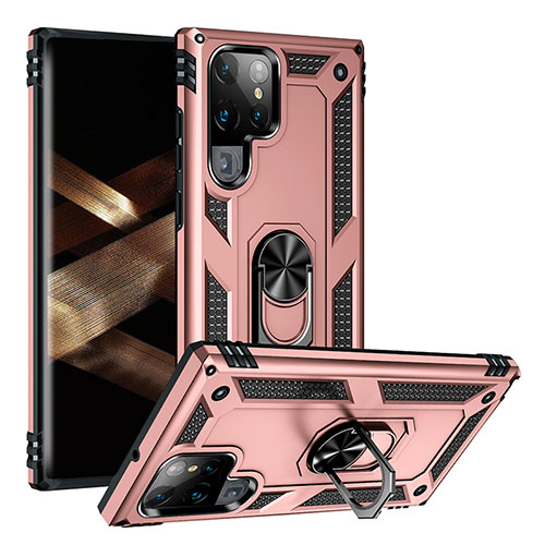 Silicone Matte Finish and Plastic Back Cover Case with Magnetic Finger Ring Stand T03 for Samsung Galaxy S25 Ultra 5G Rose Gold