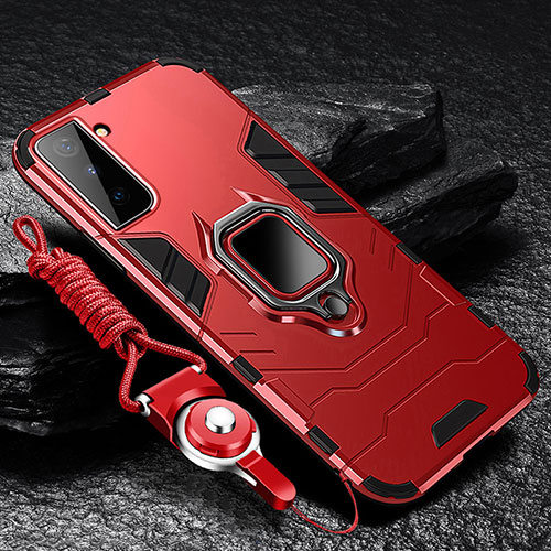 Silicone Matte Finish and Plastic Back Cover Case with Magnetic Finger Ring Stand T06 for Samsung Galaxy S21 FE 5G Red