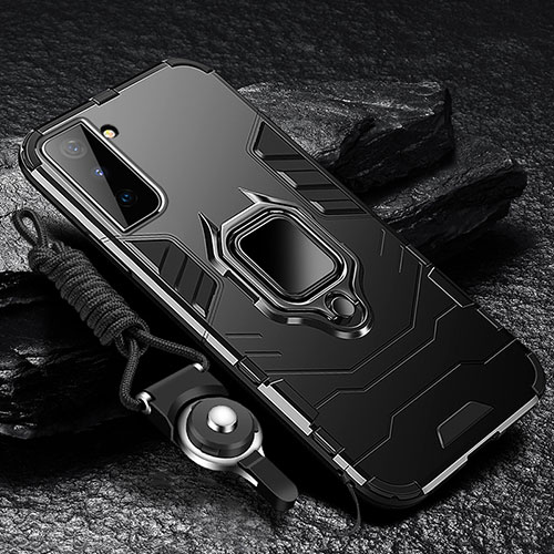 Silicone Matte Finish and Plastic Back Cover Case with Magnetic Finger Ring Stand T06 for Samsung Galaxy S24 Plus 5G Black