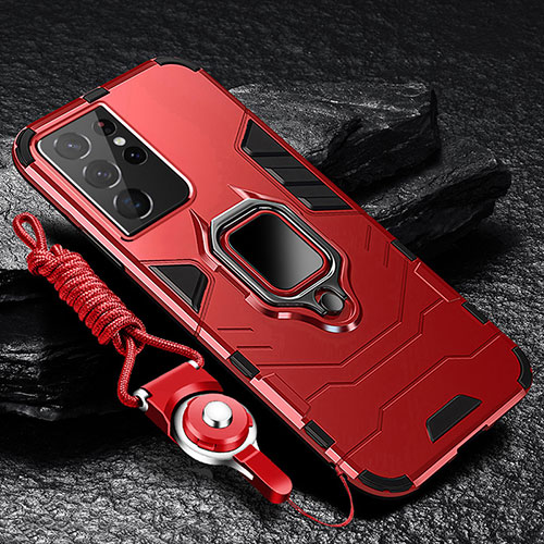 Silicone Matte Finish and Plastic Back Cover Case with Magnetic Finger Ring Stand T06 for Samsung Galaxy S24 Ultra 5G Red