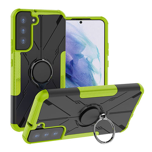 Silicone Matte Finish and Plastic Back Cover Case with Magnetic Finger Ring Stand T08 for Samsung Galaxy S21 Plus 5G Green