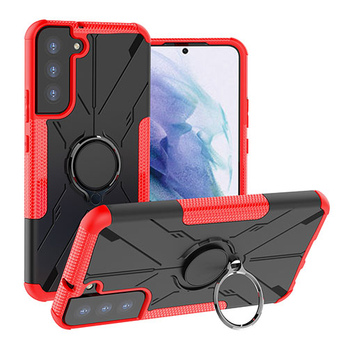 Silicone Matte Finish and Plastic Back Cover Case with Magnetic Finger Ring Stand T08 for Samsung Galaxy S21 Plus 5G Red