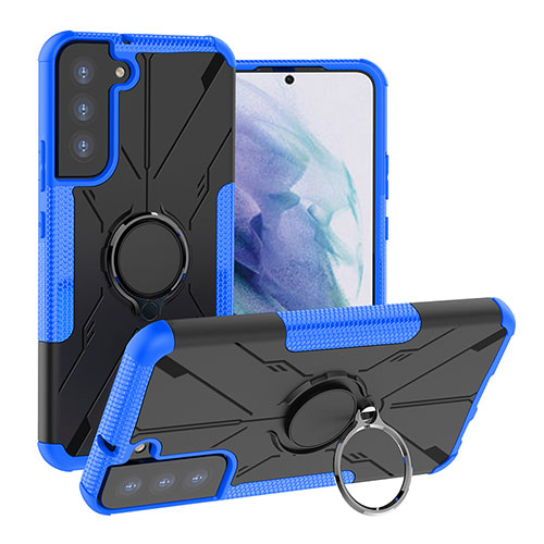 Silicone Matte Finish and Plastic Back Cover Case with Magnetic Finger Ring Stand T08 for Samsung Galaxy S23 Plus 5G Blue