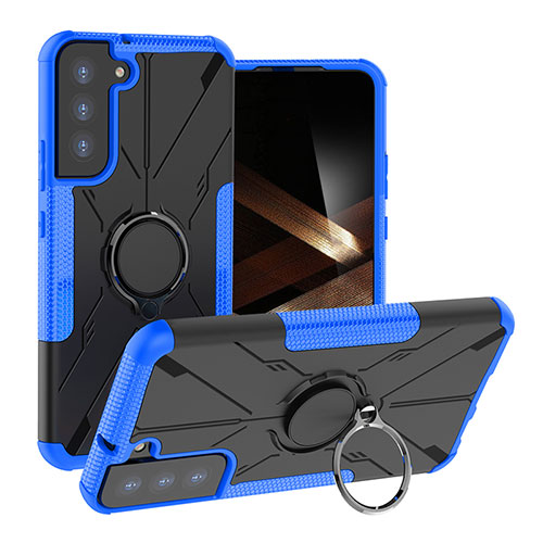 Silicone Matte Finish and Plastic Back Cover Case with Magnetic Finger Ring Stand T08 for Samsung Galaxy S24 Plus 5G Blue