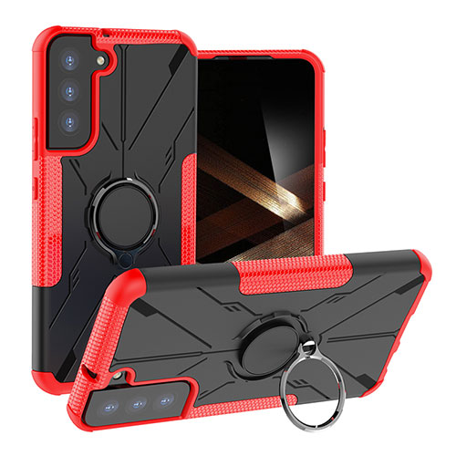 Silicone Matte Finish and Plastic Back Cover Case with Magnetic Finger Ring Stand T08 for Samsung Galaxy S24 Plus 5G Red