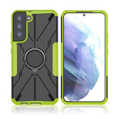 Silicone Matte Finish and Plastic Back Cover Case with Magnetic Finger Ring Stand T09 for Samsung Galaxy S22 Plus 5G Green