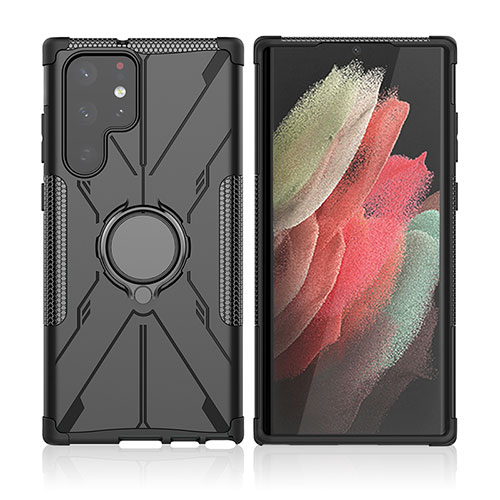 Silicone Matte Finish and Plastic Back Cover Case with Magnetic Finger Ring Stand T09 for Samsung Galaxy S22 Ultra 5G Black