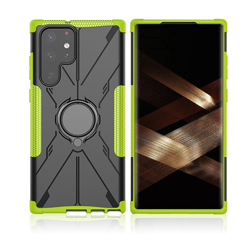 Silicone Matte Finish and Plastic Back Cover Case with Magnetic Finger Ring Stand T09 for Samsung Galaxy S24 Ultra 5G Green