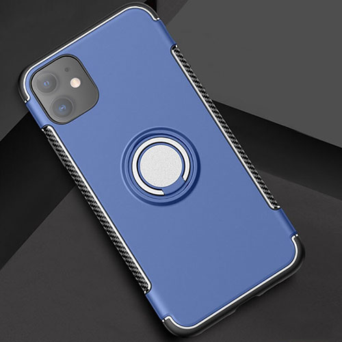 Silicone Matte Finish and Plastic Back Cover Case with Magnetic Finger Ring Stand Y01 for Apple iPhone 11 Blue