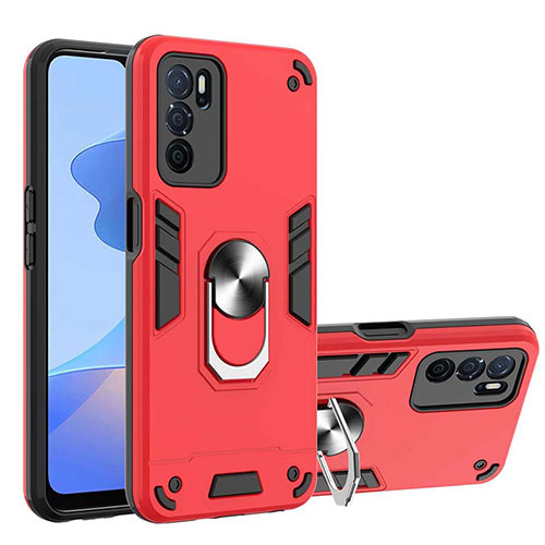 Silicone Matte Finish and Plastic Back Cover Case with Magnetic Finger Ring Stand Y01B for Oppo A16 Red