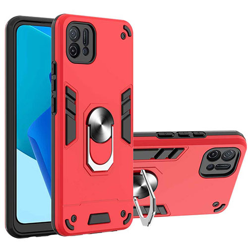 Silicone Matte Finish and Plastic Back Cover Case with Magnetic Finger Ring Stand Y01B for Oppo A16K Red