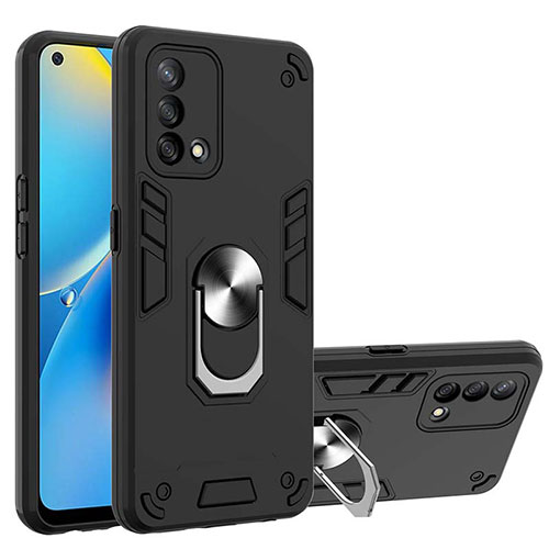 Silicone Matte Finish and Plastic Back Cover Case with Magnetic Finger Ring Stand Y01B for Oppo A74 4G Black