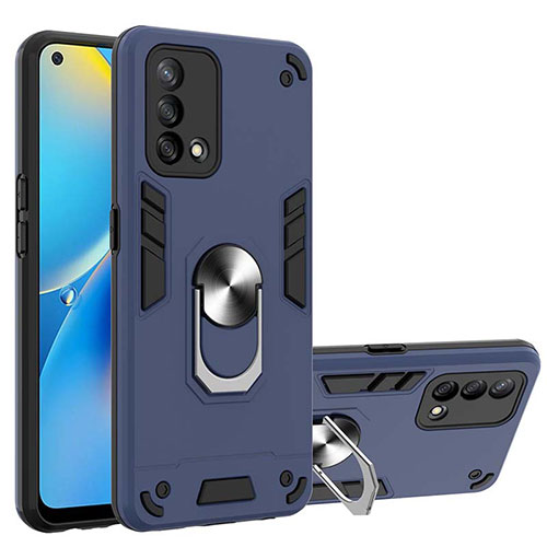 Silicone Matte Finish and Plastic Back Cover Case with Magnetic Finger Ring Stand Y01B for Oppo A74 4G Blue