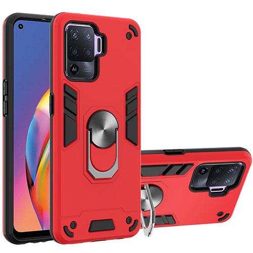 Silicone Matte Finish and Plastic Back Cover Case with Magnetic Finger Ring Stand Y01B for Oppo F19 Pro Red