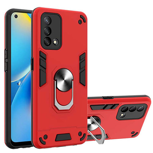 Silicone Matte Finish and Plastic Back Cover Case with Magnetic Finger Ring Stand Y01B for Oppo F19s Red