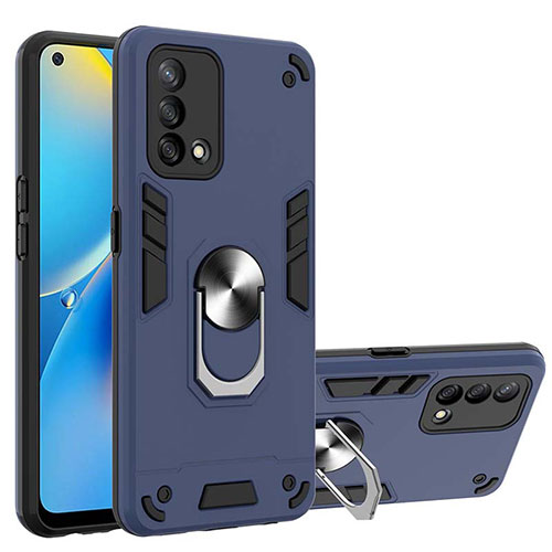 Silicone Matte Finish and Plastic Back Cover Case with Magnetic Finger Ring Stand Y01B for Oppo Reno6 Lite Blue