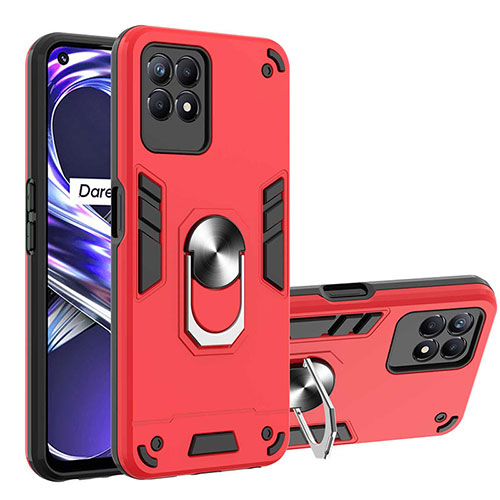 Silicone Matte Finish and Plastic Back Cover Case with Magnetic Finger Ring Stand Y01B for Realme 8i Red