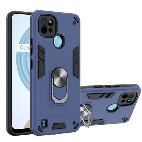 Silicone Matte Finish and Plastic Back Cover Case with Magnetic Finger Ring Stand Y01B for Realme C21 Blue