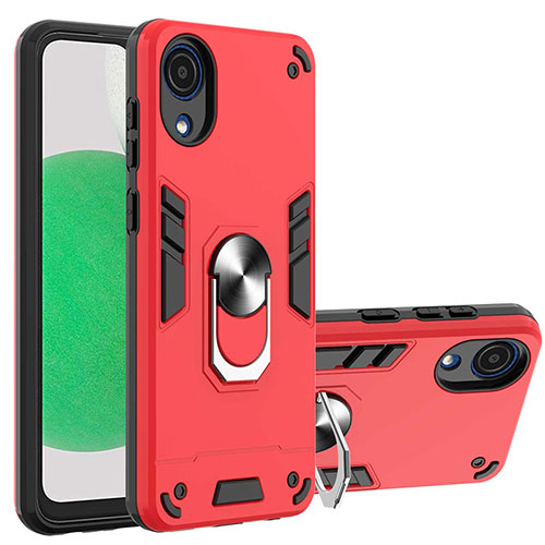 Silicone Matte Finish and Plastic Back Cover Case with Magnetic Finger Ring Stand Y01B for Samsung Galaxy A03 Core Red