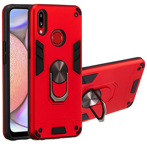 Silicone Matte Finish and Plastic Back Cover Case with Magnetic Finger Ring Stand Y01B for Samsung Galaxy A10s Red