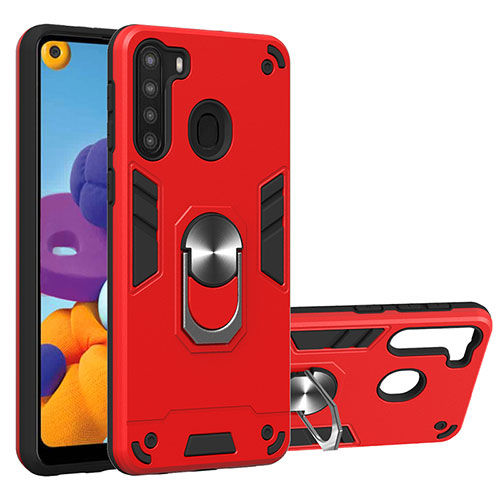 Silicone Matte Finish and Plastic Back Cover Case with Magnetic Finger Ring Stand Y01B for Samsung Galaxy A21 Red