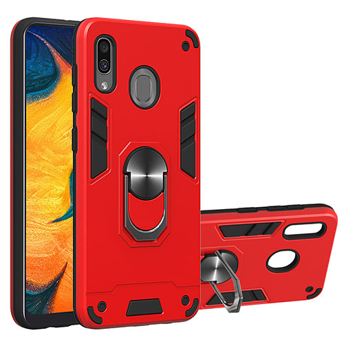 Silicone Matte Finish and Plastic Back Cover Case with Magnetic Finger Ring Stand Y01B for Samsung Galaxy A30 Red