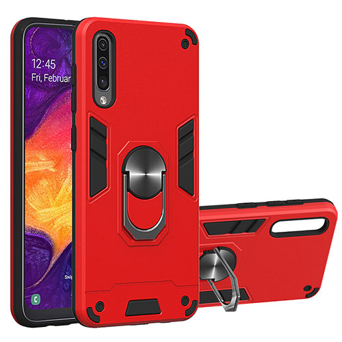 Silicone Matte Finish and Plastic Back Cover Case with Magnetic Finger Ring Stand Y01B for Samsung Galaxy A30S Red