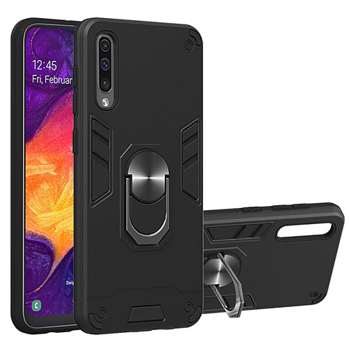 Silicone Matte Finish and Plastic Back Cover Case with Magnetic Finger Ring Stand Y01B for Samsung Galaxy A50 Black