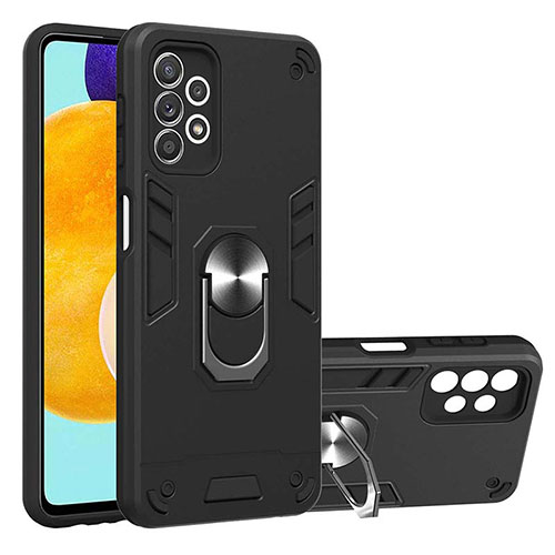 Silicone Matte Finish and Plastic Back Cover Case with Magnetic Finger Ring Stand Y01B for Samsung Galaxy A52 4G Black