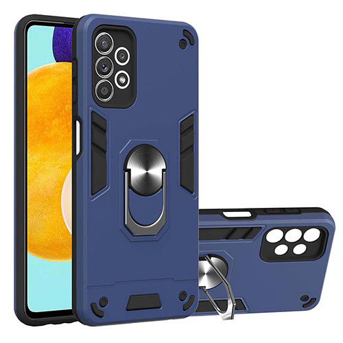 Silicone Matte Finish and Plastic Back Cover Case with Magnetic Finger Ring Stand Y01B for Samsung Galaxy A52s 5G Blue