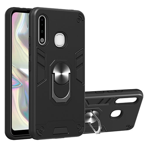 Silicone Matte Finish and Plastic Back Cover Case with Magnetic Finger Ring Stand Y01B for Samsung Galaxy A70E Black