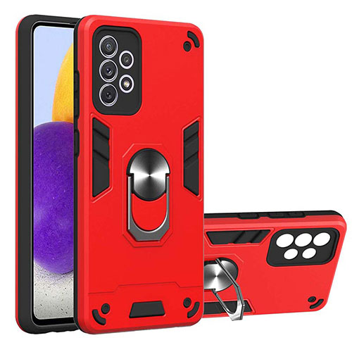 Silicone Matte Finish and Plastic Back Cover Case with Magnetic Finger Ring Stand Y01B for Samsung Galaxy A72 5G Red