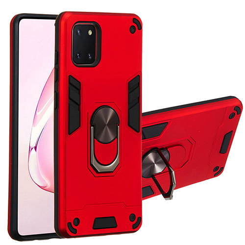 Silicone Matte Finish and Plastic Back Cover Case with Magnetic Finger Ring Stand Y01B for Samsung Galaxy A81 Red