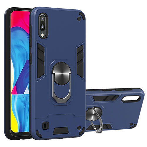 Silicone Matte Finish and Plastic Back Cover Case with Magnetic Finger Ring Stand Y01B for Samsung Galaxy M10 Blue