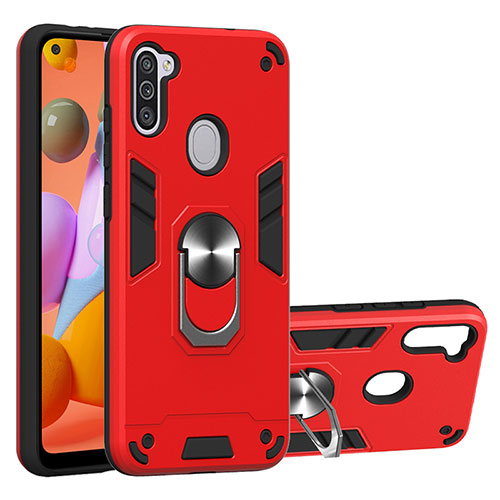 Silicone Matte Finish and Plastic Back Cover Case with Magnetic Finger Ring Stand Y01B for Samsung Galaxy M11 Red