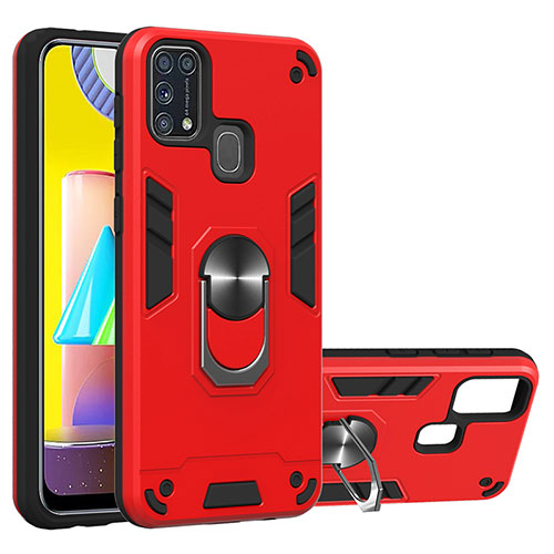 Silicone Matte Finish and Plastic Back Cover Case with Magnetic Finger Ring Stand Y01B for Samsung Galaxy M31 Prime Edition Red