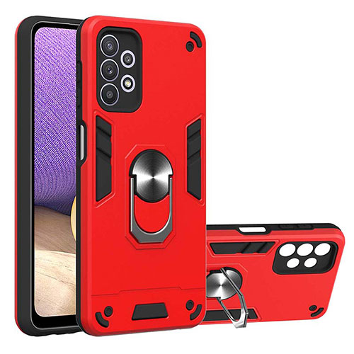 Silicone Matte Finish and Plastic Back Cover Case with Magnetic Finger Ring Stand Y01B for Samsung Galaxy M32 5G Red