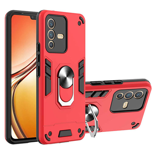 Silicone Matte Finish and Plastic Back Cover Case with Magnetic Finger Ring Stand Y01B for Vivo V23 5G Red