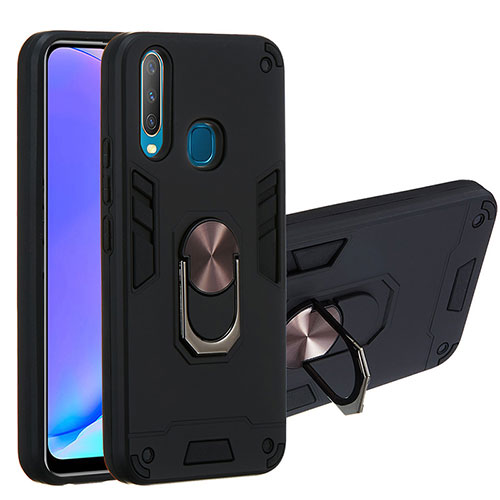 Silicone Matte Finish and Plastic Back Cover Case with Magnetic Finger Ring Stand Y01B for Vivo Y15 Black