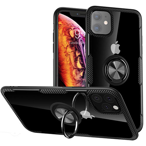 Silicone Matte Finish and Plastic Back Cover Case with Magnetic Finger Ring Stand Y02 for Apple iPhone 11 Black