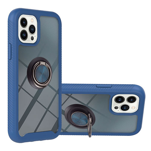 Silicone Matte Finish and Plastic Back Cover Case with Magnetic Finger Ring Stand YB1 for Apple iPhone 14 Pro Blue