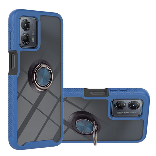 Silicone Matte Finish and Plastic Back Cover Case with Magnetic Finger Ring Stand YB1 for Motorola Moto G53j 5G Blue
