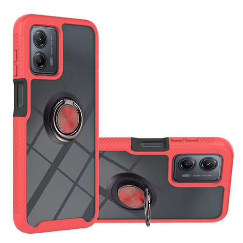 Silicone Matte Finish and Plastic Back Cover Case with Magnetic Finger Ring Stand YB1 for Motorola Moto G53j 5G Red