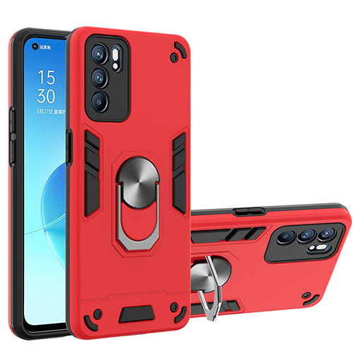 Silicone Matte Finish and Plastic Back Cover Case with Magnetic Finger Ring Stand YB1 for Oppo Reno6 5G Red